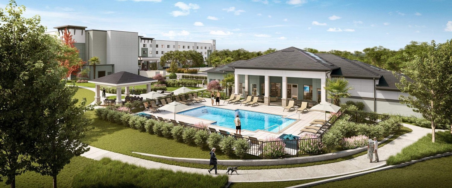 Rendering of the pool and clubhouse amenity area at EKOS at Bayonet Point