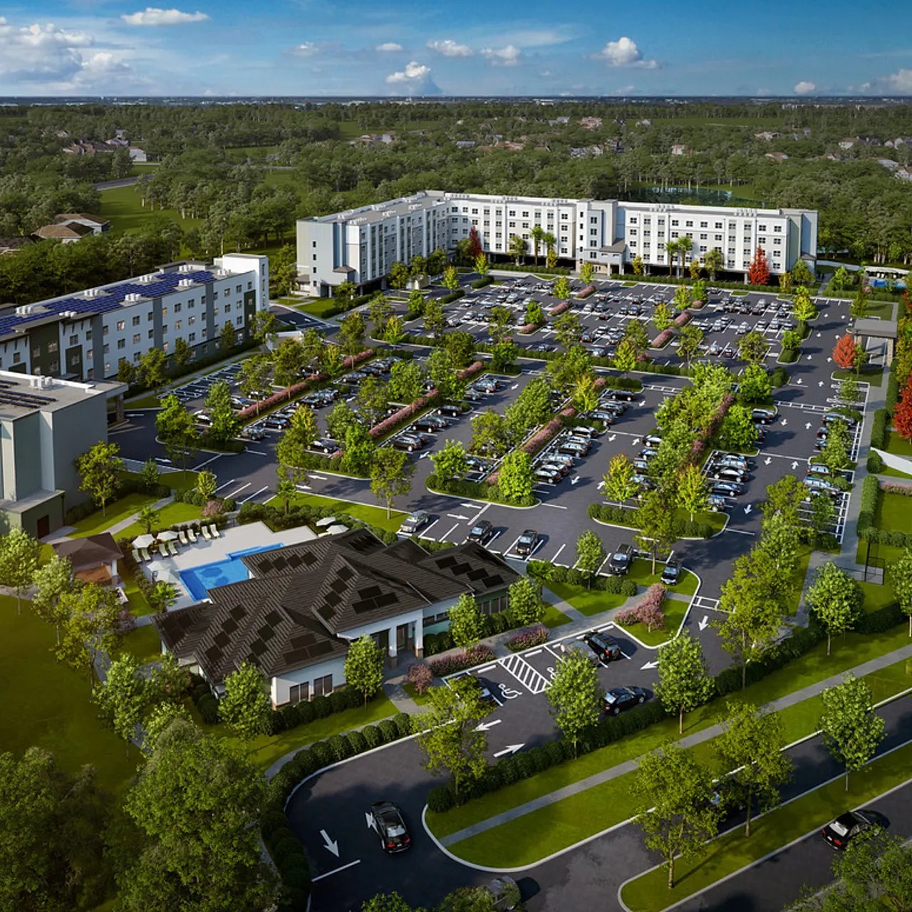 Aerial rendering of EKOS at Bayonet Point showing the residential buildings, parking, and clubhouse