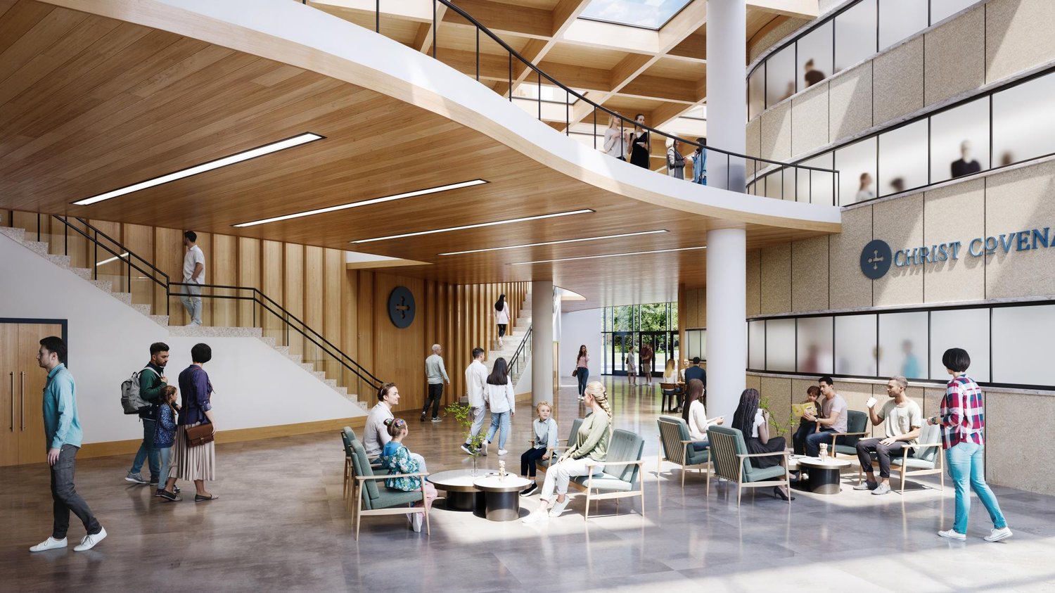 Rendering of the lobby and gathering space in the converted Piedmont Road building