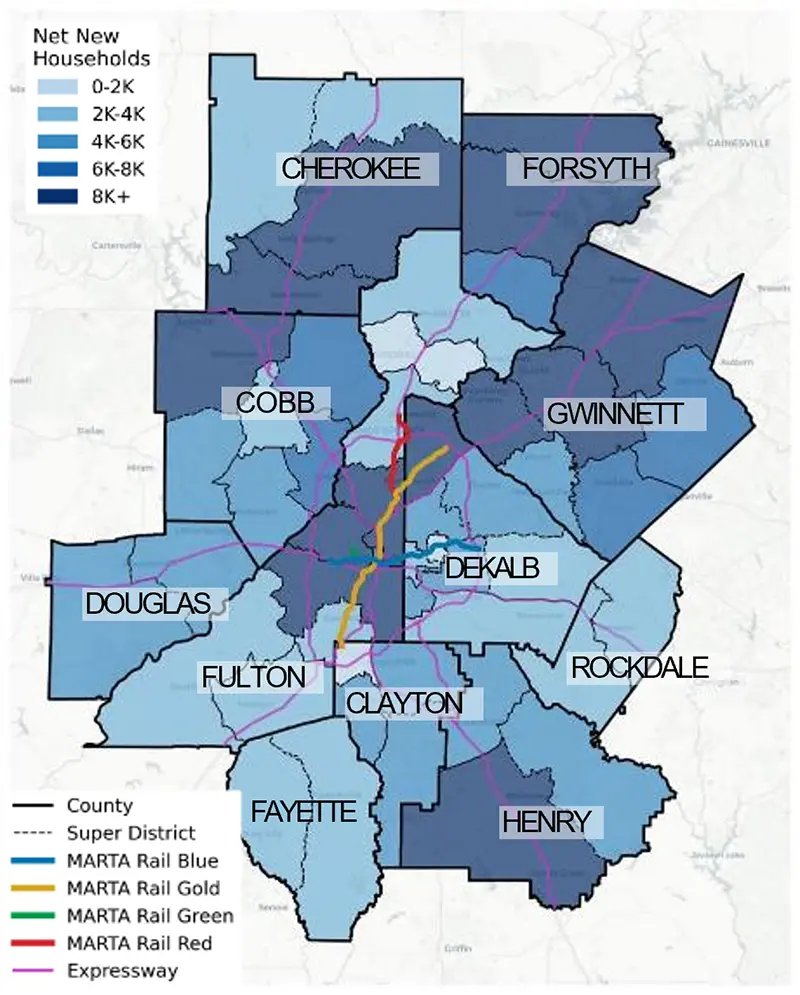 ARC map showing projected net new households by county across the Atlanta region