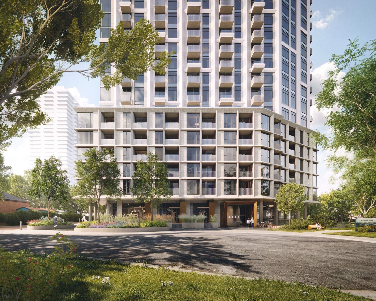 Street-level rendering of the podium and residential entrance at 253-263 Viewmount