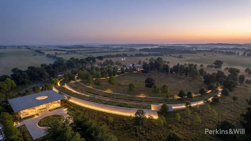 Aerial rendering of the reimagined Hermitage visitor campus at dusk (Perkins&Will)