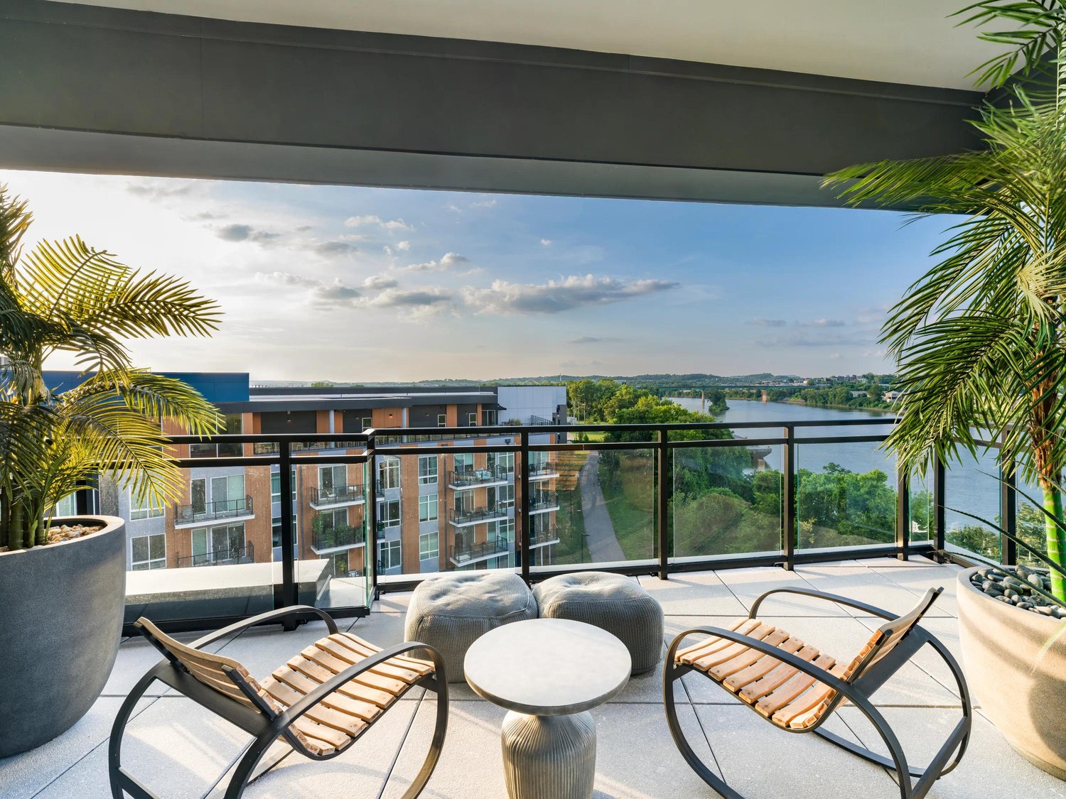 Rooftop terrace at Modera Riverview with views of the Cumberland River