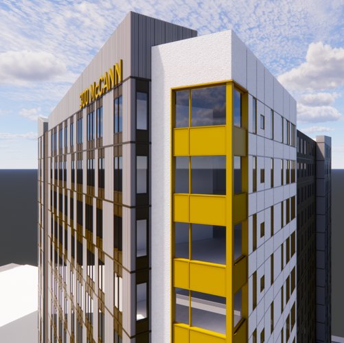 Detail rendering of 300 McCann showing rooftop signage and yellow accent bays