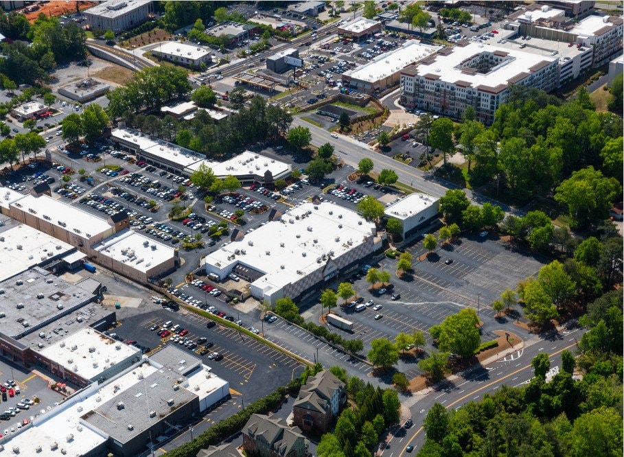 Aerial view of the Parkside Shops and Hammond Exchange retail centers along Roswell Road in Sandy Springs
