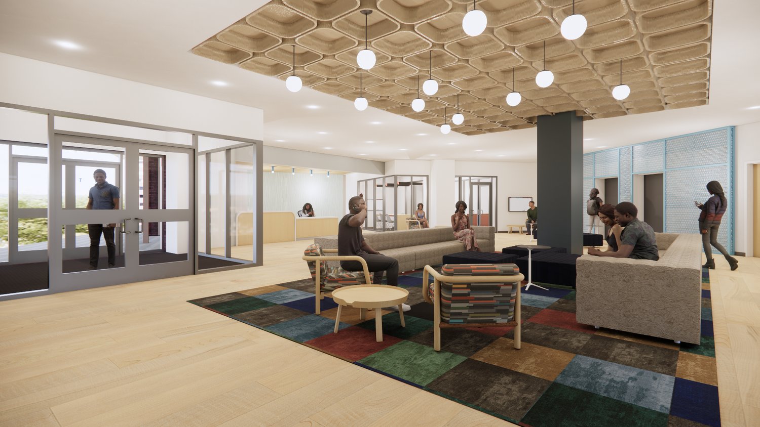 Rendering of the lobby and student lounge inside the Morehouse & Spelman student housing