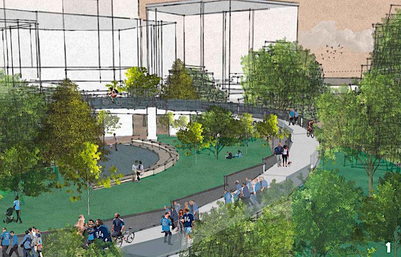 Rendering of the Seigenthaler Pedestrian Bridge East Bank extension showing the elevated connector and surrounding green space