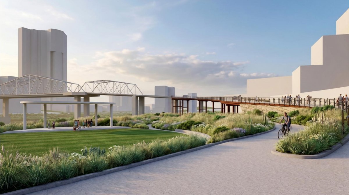 Rendering of the East Bank Seigenthaler Bridge Connector with new park lawn and elevated walkway