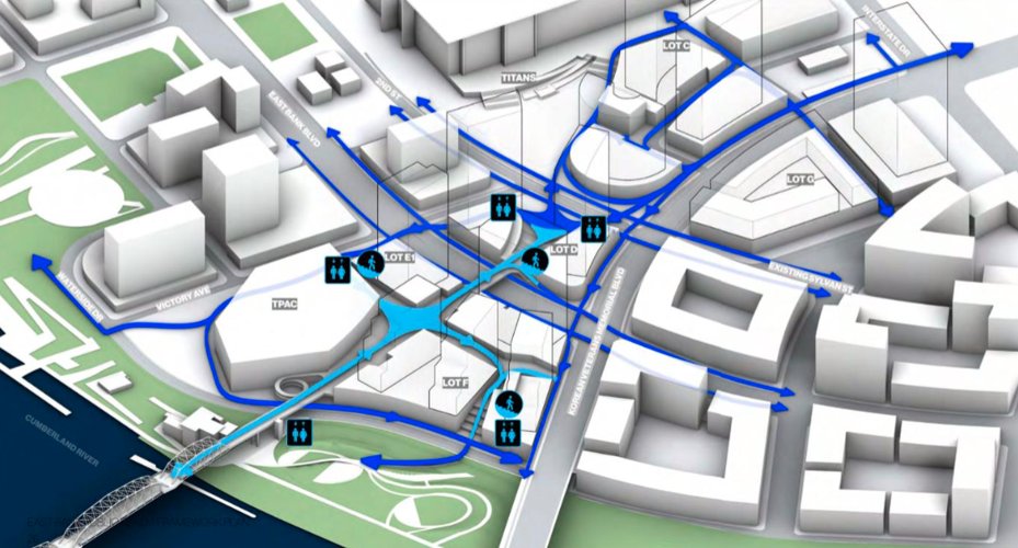 Site diagram of pedestrian circulation on Nashville's East Bank, including the Seigenthaler Bridge connection