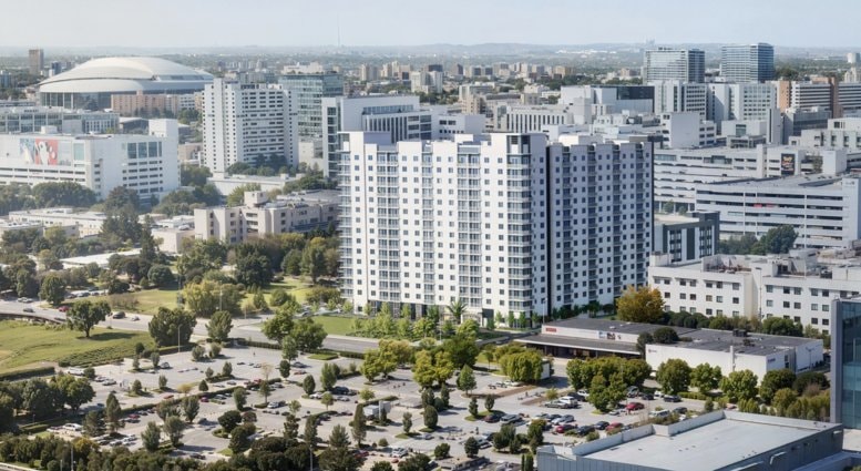 Aerial rendering of The Residences at Claude Pepper within the surrounding Allapattah/Civic Center neighborhood