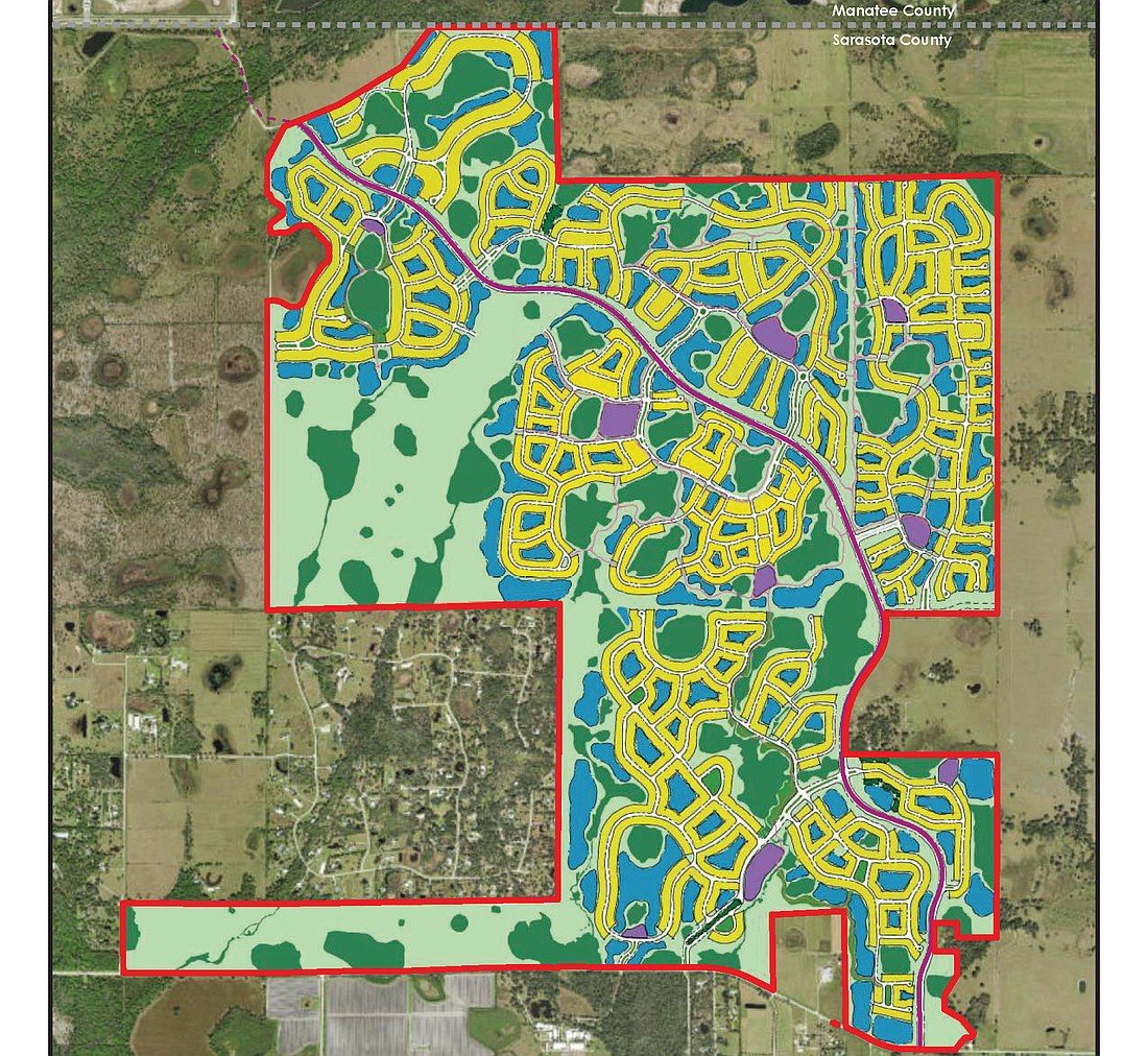 Master plan for Lakewood Ranch Southeast showing proposed neighborhoods, lakes, and preserved open space