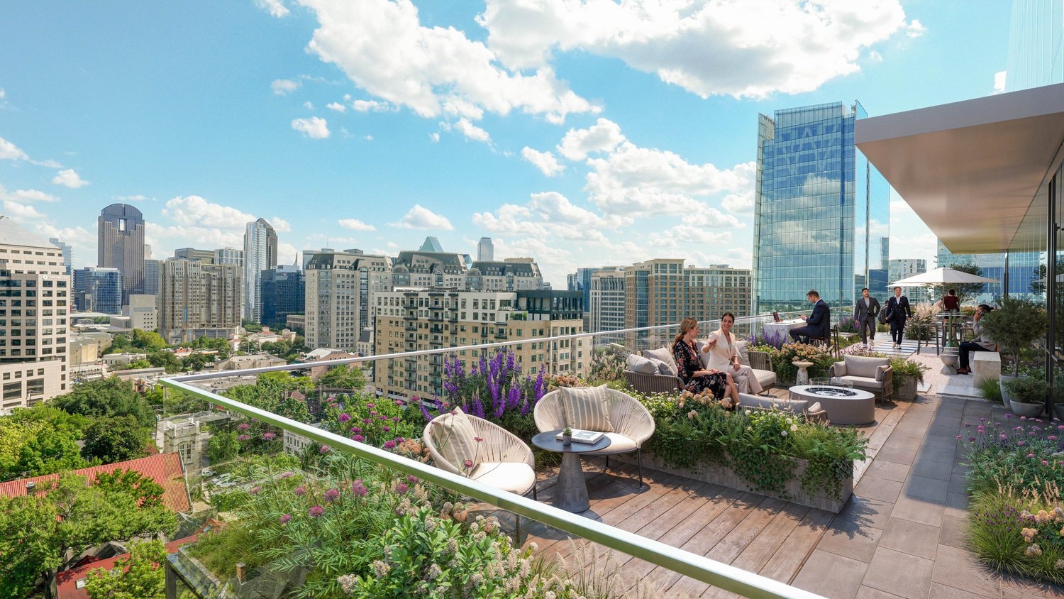 Rendering of the rooftop terrace at The Springs District overlooking Uptown Dallas
