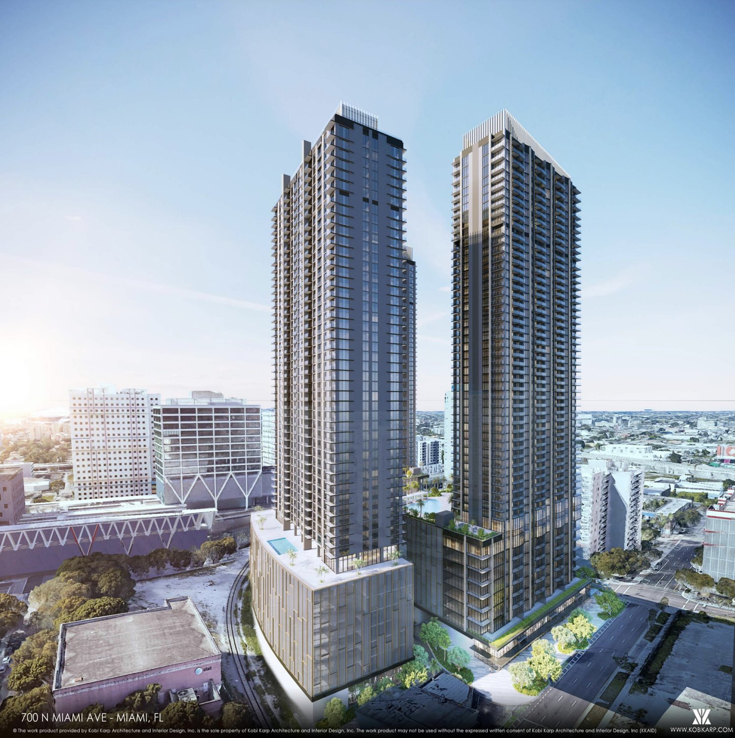 Aerial rendering of 700 North Miami Avenue showing both towers and podium