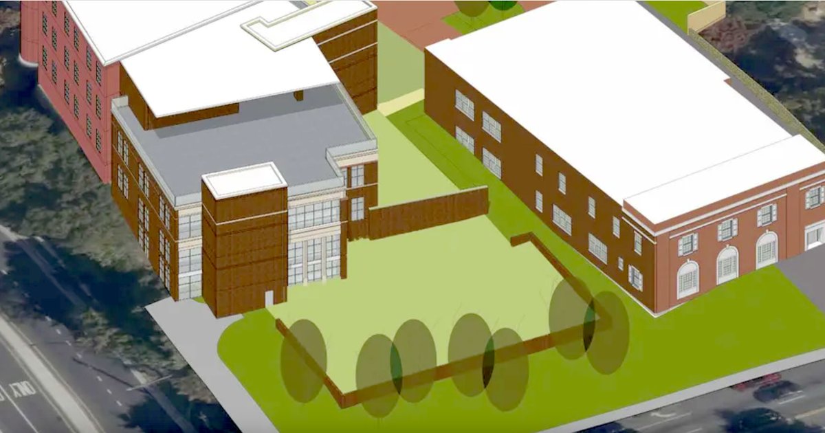 Aerial rendering of The Temple's campus expansion in Midtown Atlanta, showing the new early learning center wing and courtyard