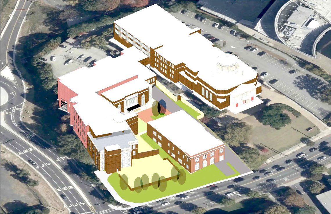 Aerial rendering of The Temple's full Peachtree Street campus with the proposed expansion