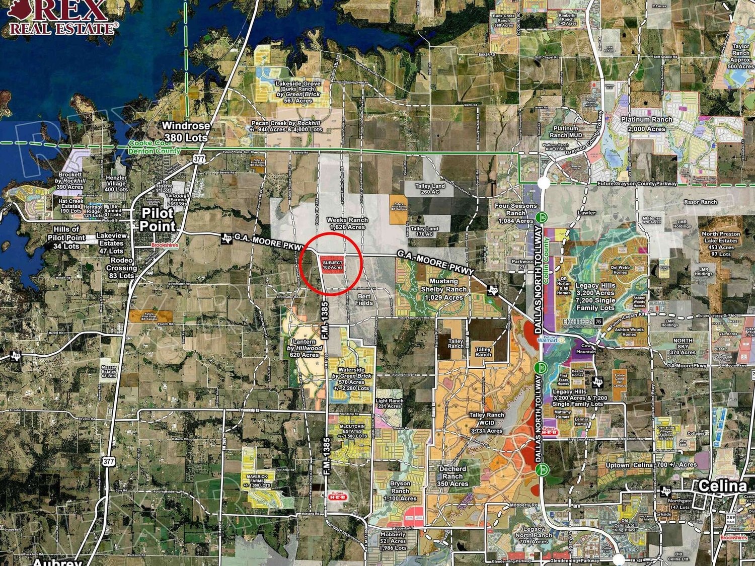 Locator map showing the 102-acre Pilot Point Town Center site (circled) amid other planned developments near Pilot Point