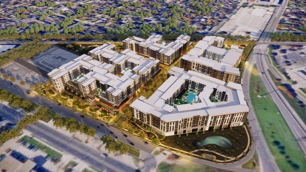 Aerial rendering of the proposed mixed-use development at Airport Boulevard and Koenig Lane