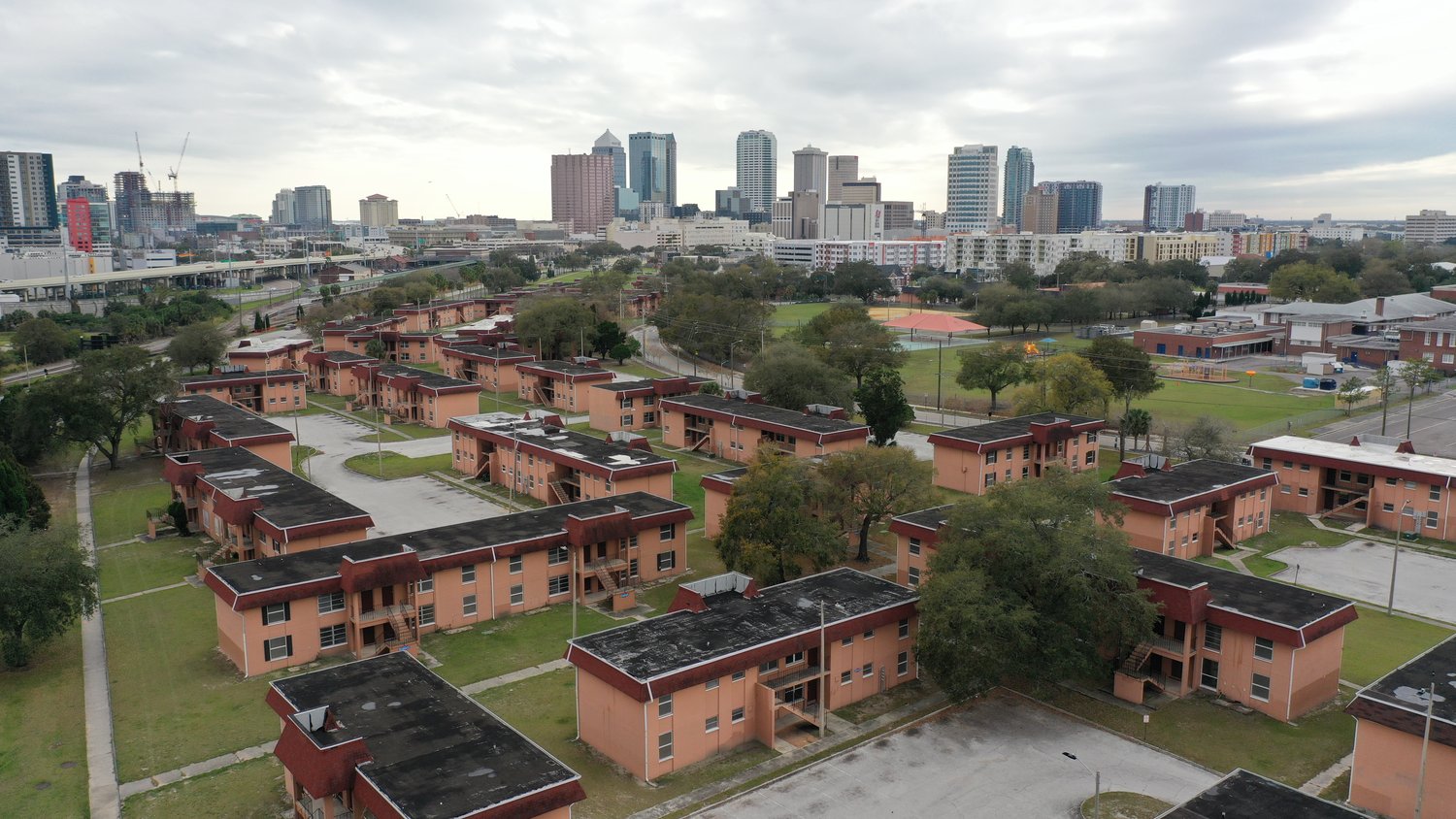 Tampa Park Apartments with the downtown Tampa skyline beyond