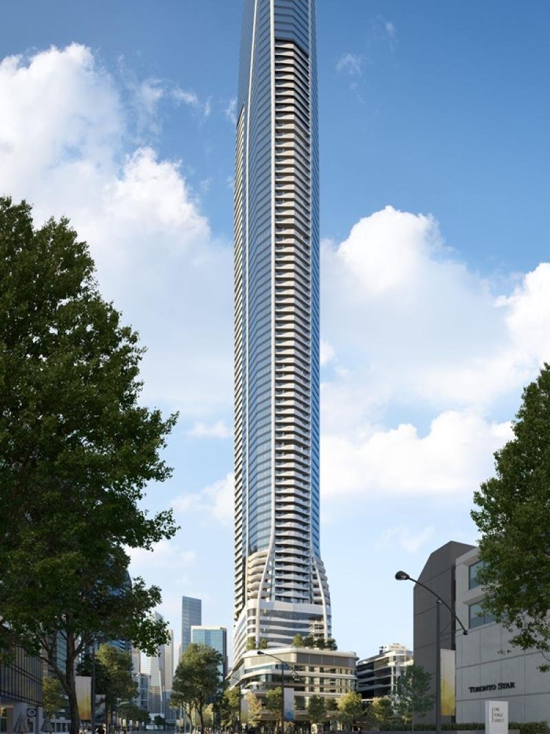 Rendering of SkyTower at Pinnacle One Yonge viewed from street level, with the existing Toronto Star building at its base
