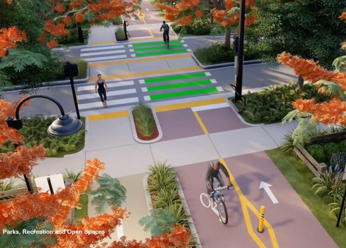 Rendering of a Ludlam Trail street crossing with protected bike lanes