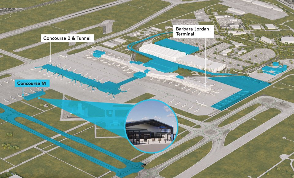 Airport diagram highlighting the location of Concourse M relative to the Barbara Jordan Terminal