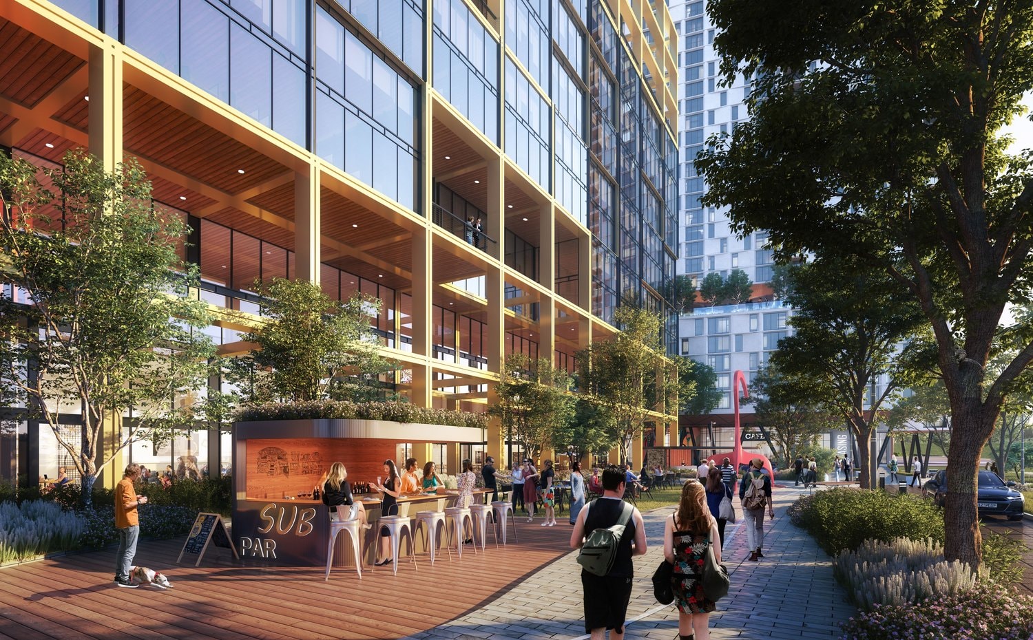 Rendering of ground-floor retail and outdoor seating at Station East