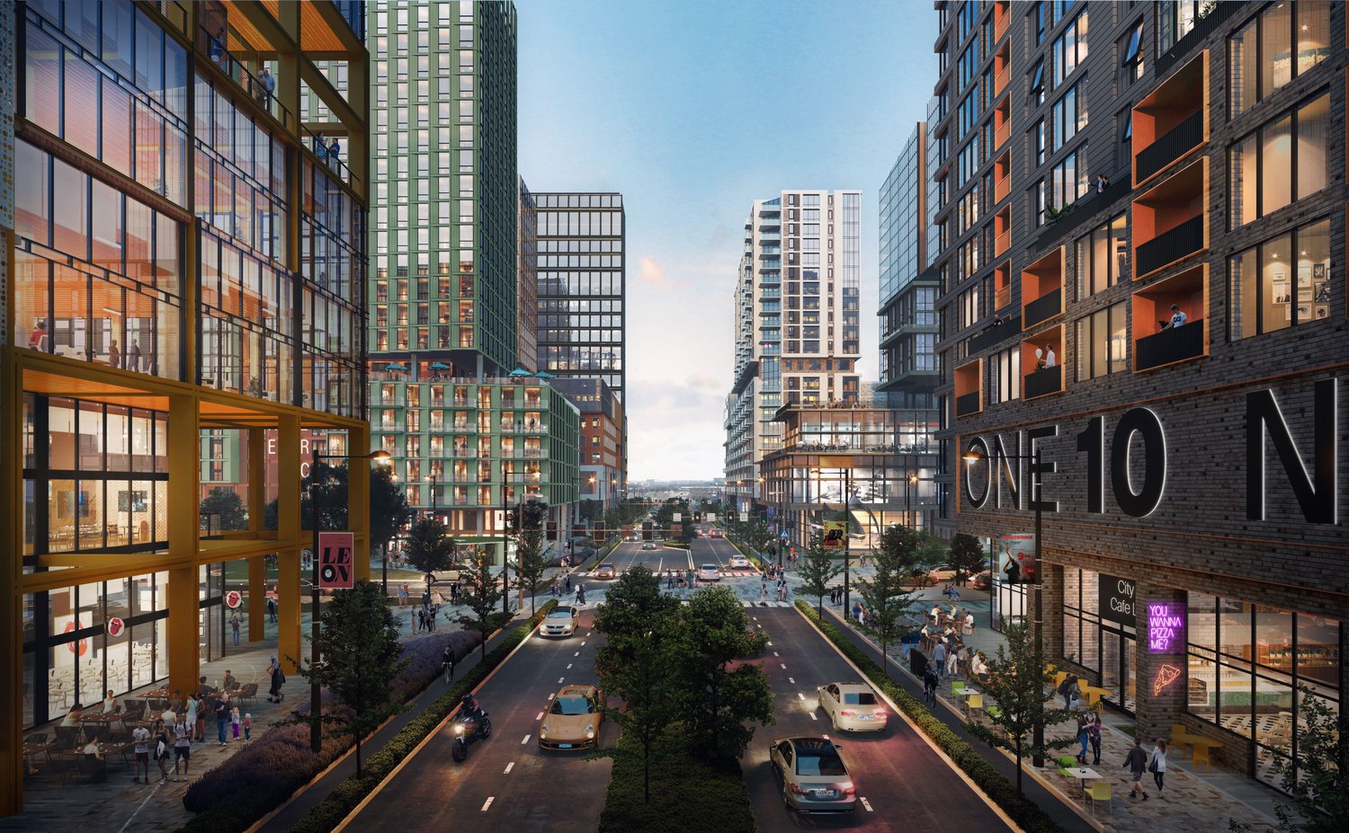 Rendering of Station East's main street looking toward downtown Nashville