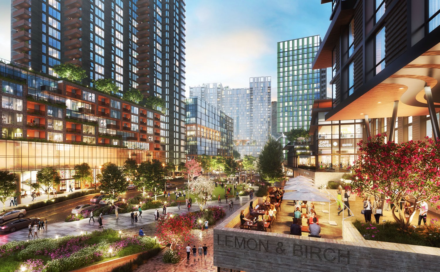 Dusk rendering of Station East's pedestrian promenade and retail pavilions