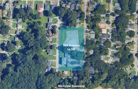 Aerial view of the 360 Autumn Lane SW site near Westview Cemetery