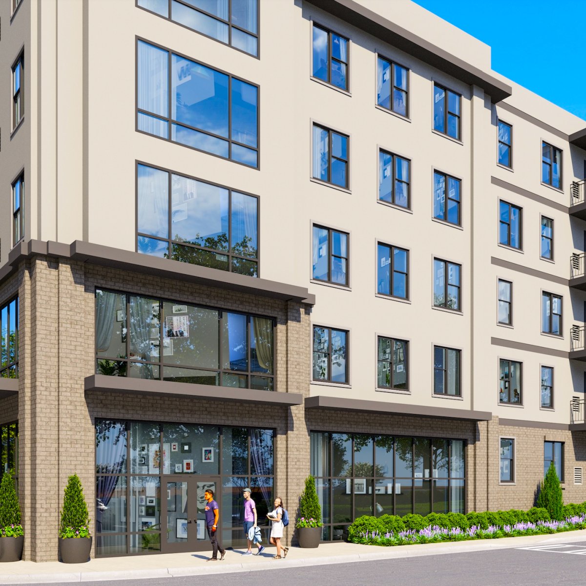 Rendering of the residential entry and ground-floor retail-style frontage at The Standard at Kennesaw