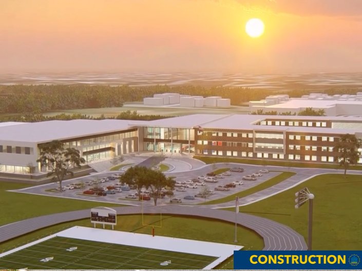 Aerial rendering of the North Mecklenburg High School replacement campus with stadium and track facilities