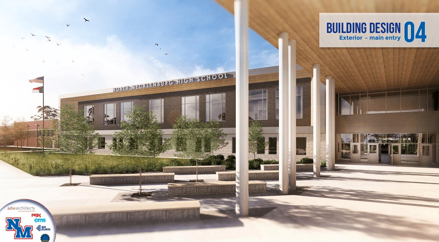 Rendering of the main entry at the new North Mecklenburg High School campus in Huntersville