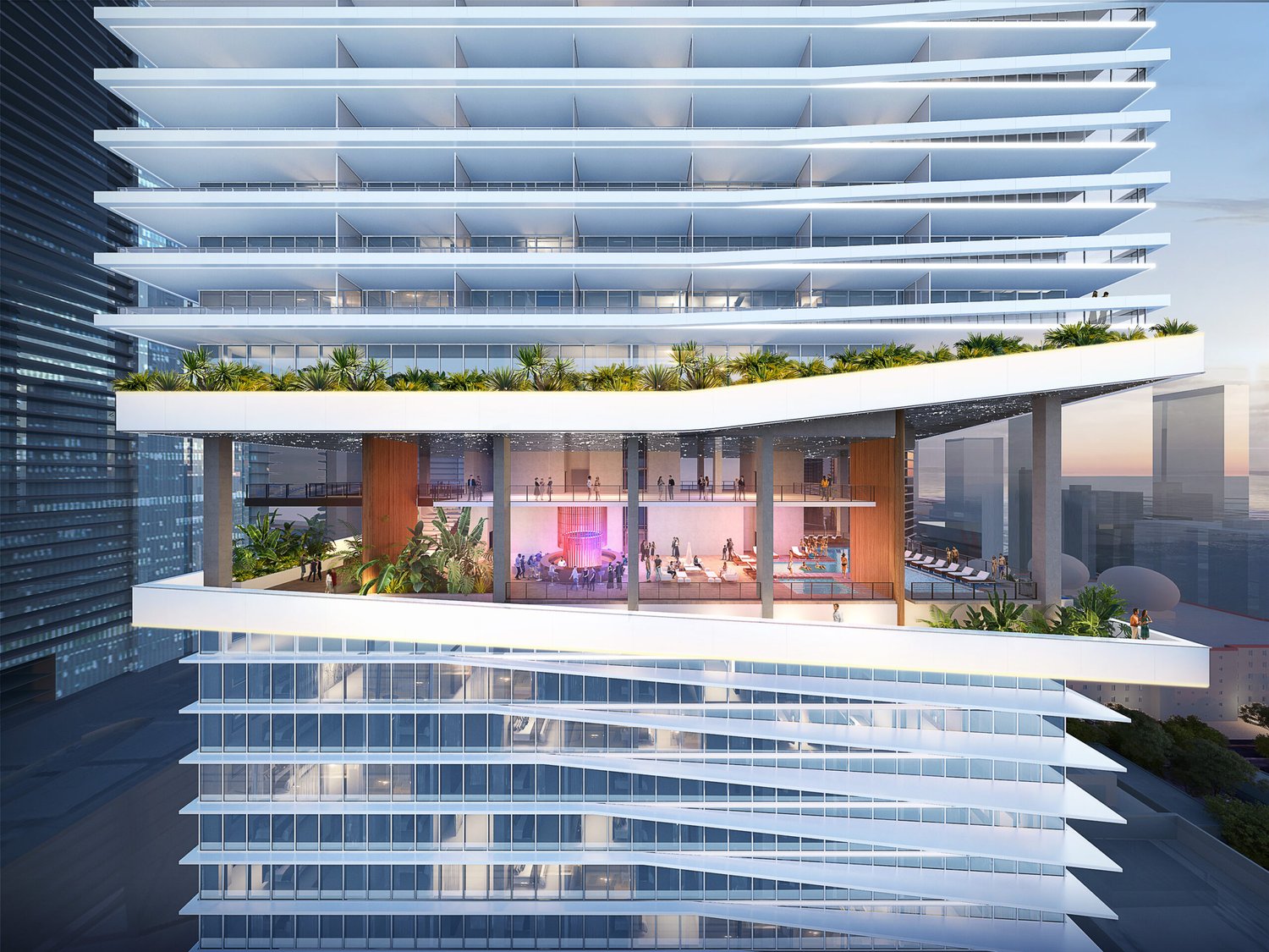 Close-up rendering of the tower's amenity deck and stacked-slab facade