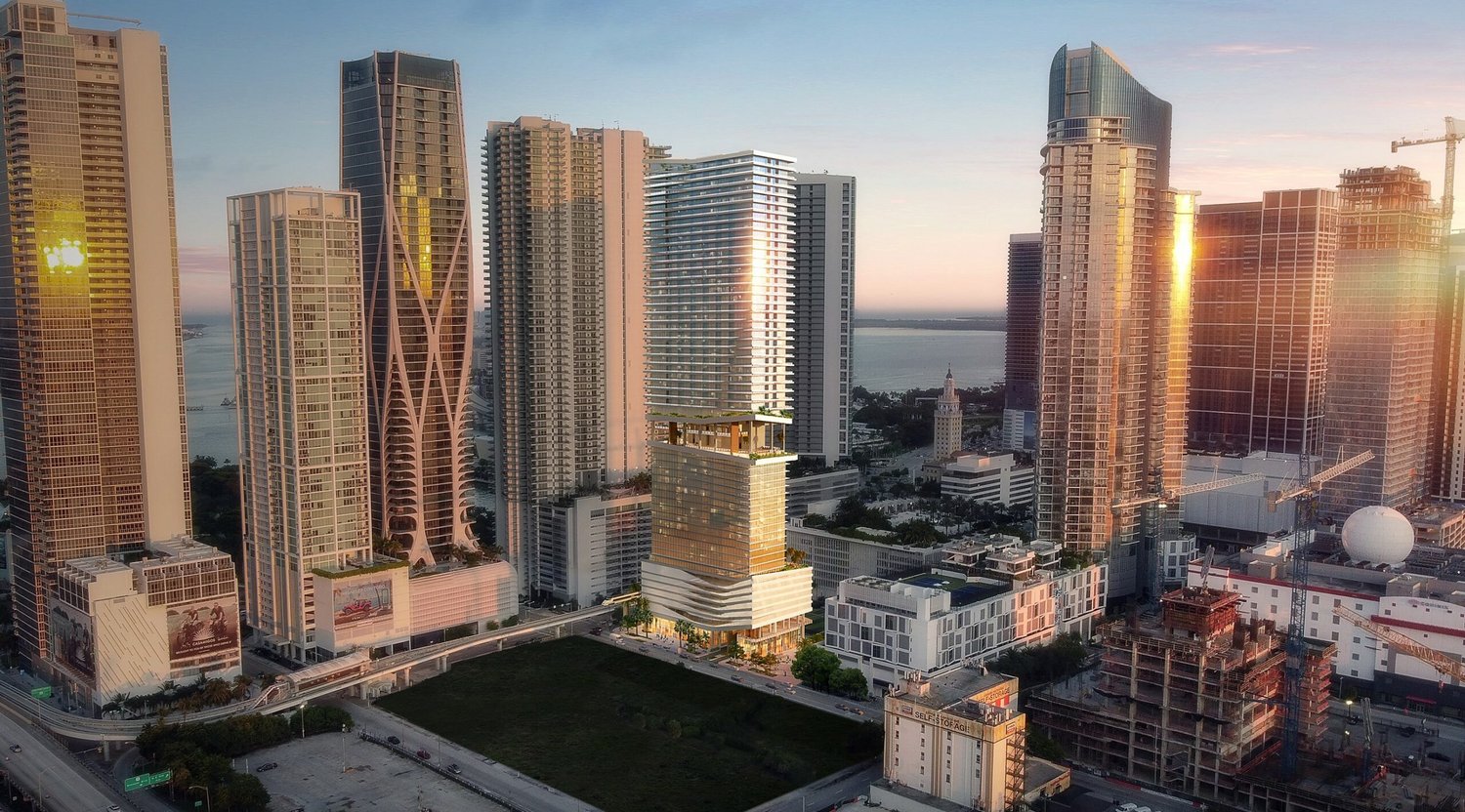 Aerial rendering of the proposed Miami Worldcenter Block C East tower within the downtown Miami skyline