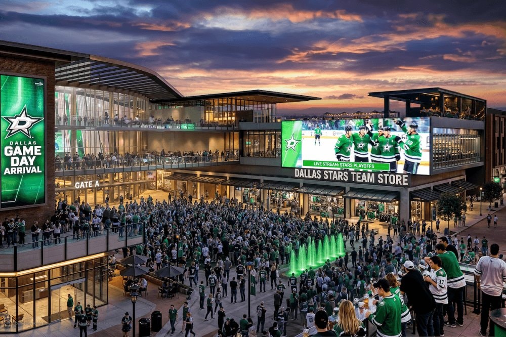 Rendering of the game-day plaza and Dallas Stars Team Store at the proposed Willow Bend District