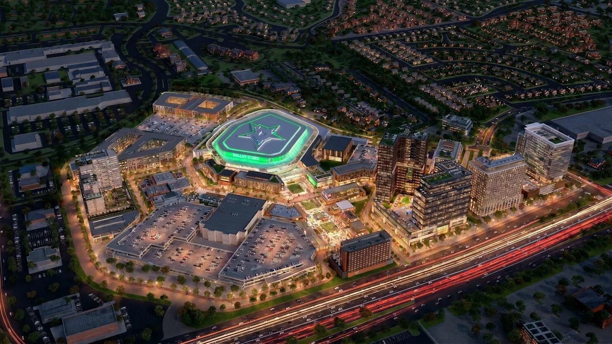 Aerial rendering of the proposed Willow Bend District arena and entertainment district in Plano