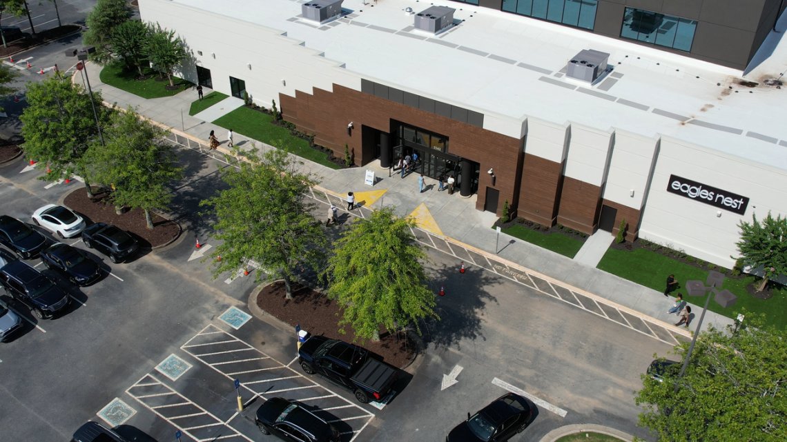 The Beacon at East Roswell: Eagles Nest Church's completed campus in the former Kohl's building, with its surface parking lot