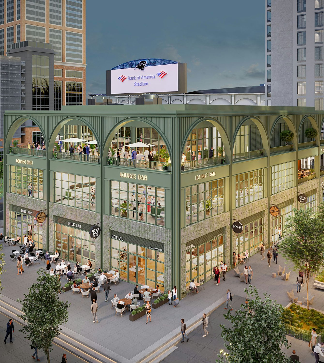 Rendering of the Brooklyn & Church retail pavilion with Bank of America Stadium in the background