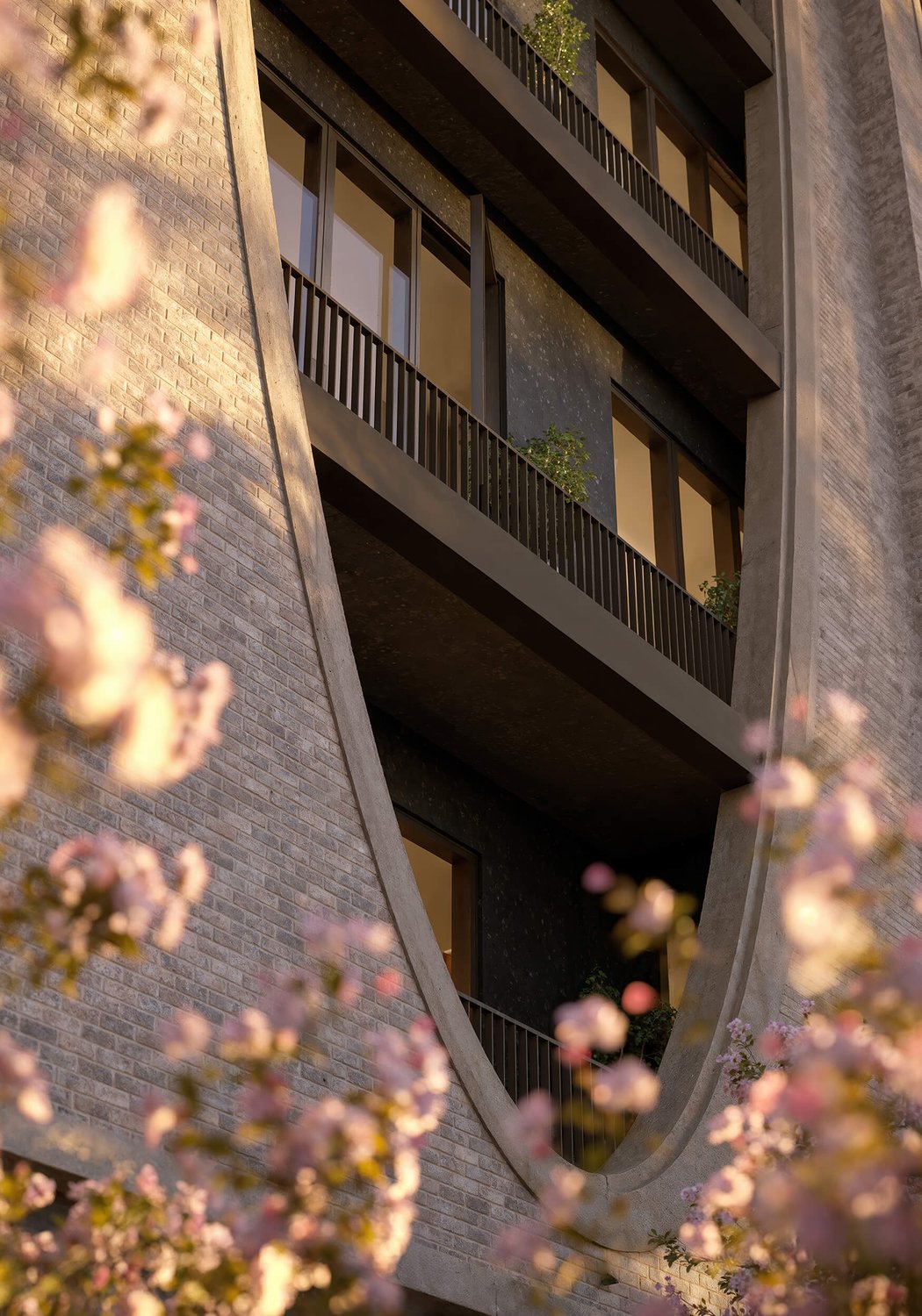 Facade detail rendering of Mira's sculptural brick piers