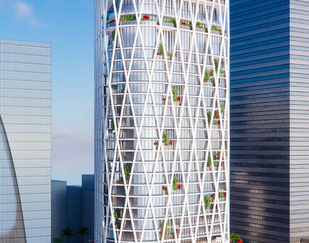Detail of the tower's diagrid exoskeleton and sky gardens