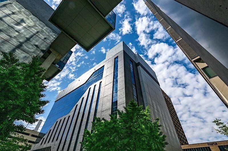 Looking up at the completed Research Tower from street level near the MARTA station