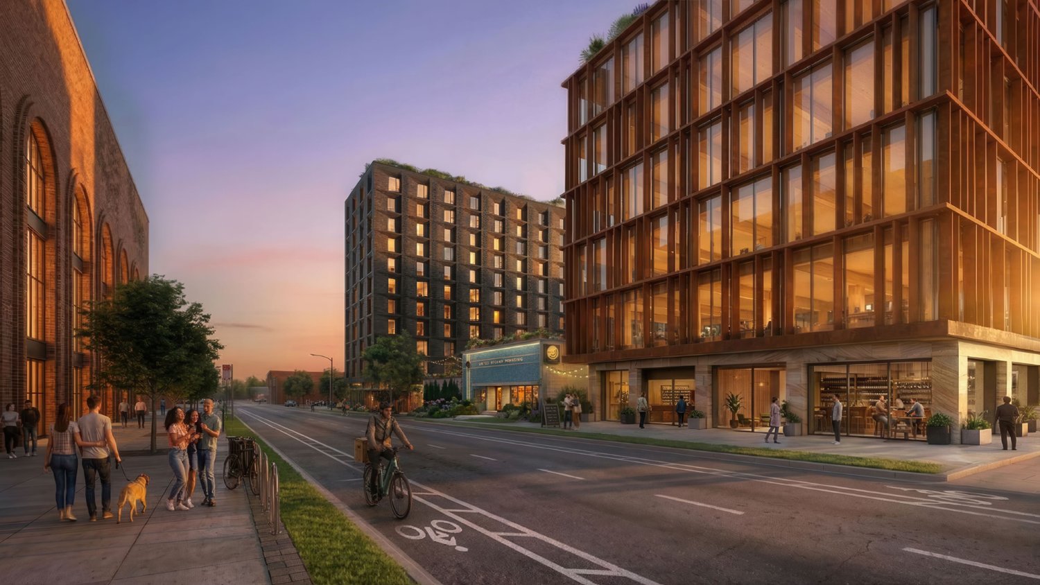 Street-level rendering of Chestnut Street Campus at dusk, with the historic United Record Pressing building at left