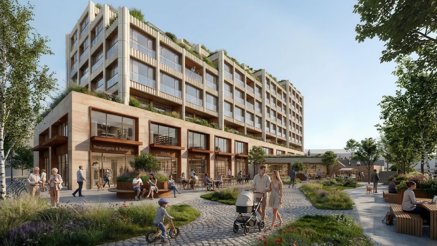 Rendering of the Chestnut Street Campus retail podium and residential building