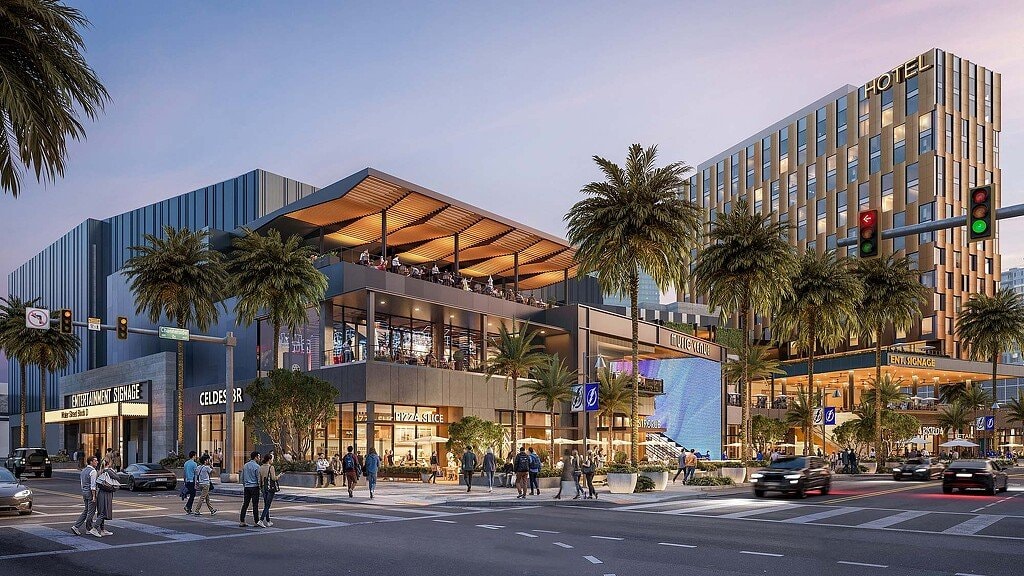 Rendering of the Water Street Tampa Entertainment District (Block D) along Channelside Drive, with retail, dining, and a hotel