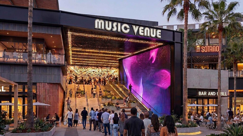 Rendering of the music venue entrance at Water Street Tampa's Block D entertainment district