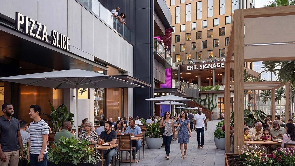 Rendering of the pedestrian dining promenade at the Water Street Tampa Entertainment District (Block D)
