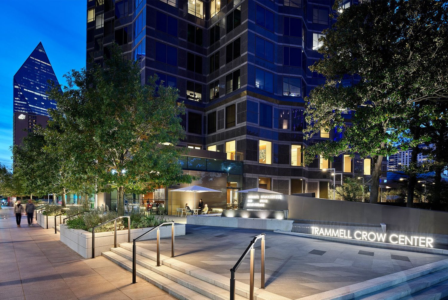 The renovated plaza at Trammell Crow Center, with Fountain Place in the background