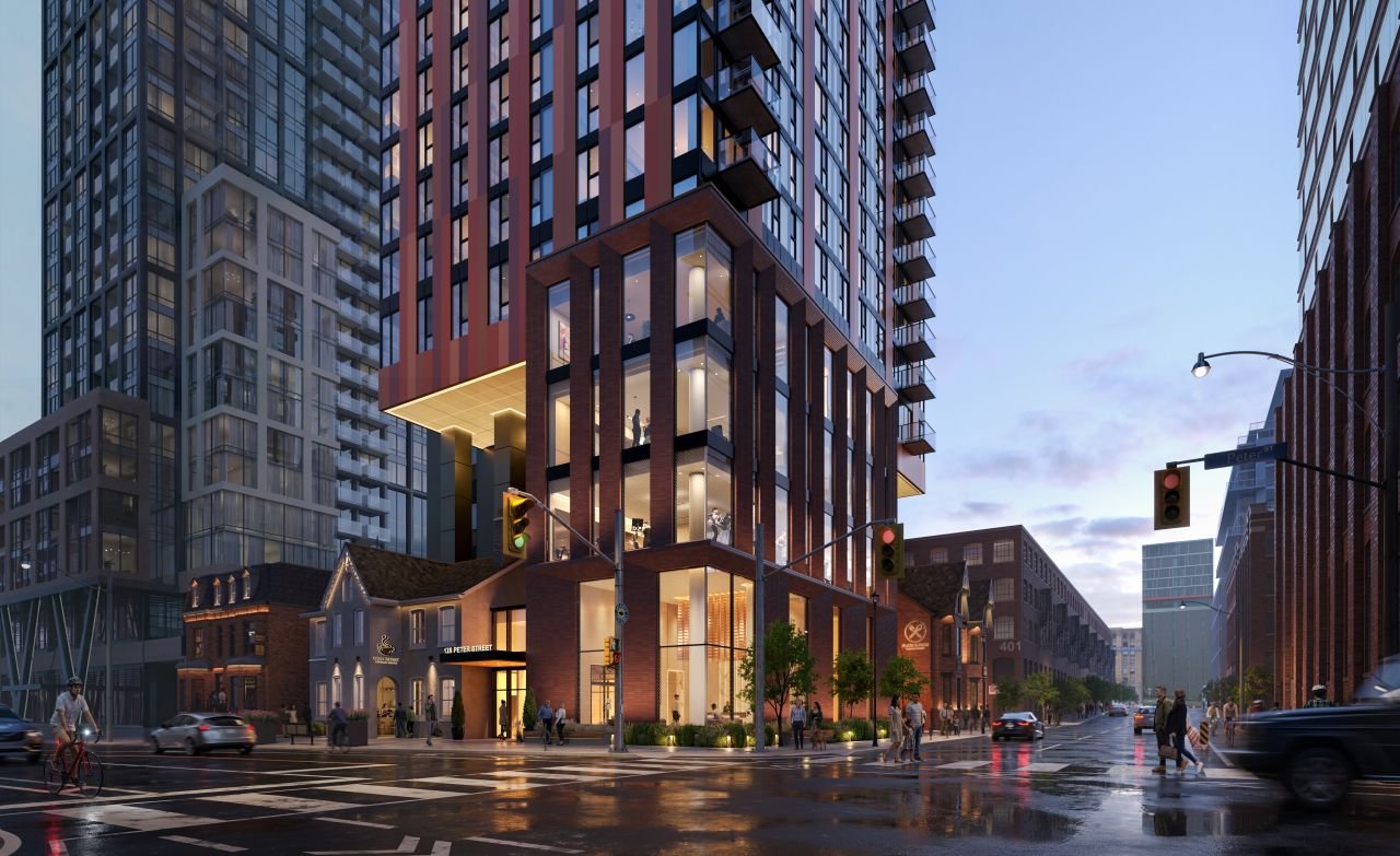 Rendering of The Bull Tower at 128 Peter Street, with heritage houses retained at the podium