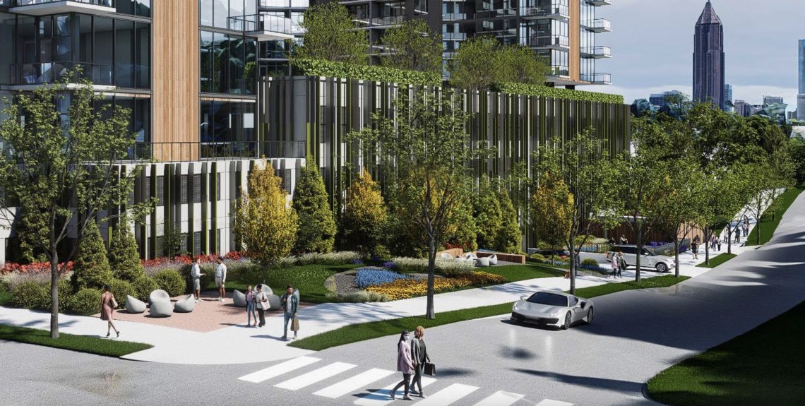 Rendering of the podium streetscape and public realm at the Selig Ponce de Leon mixed-use project