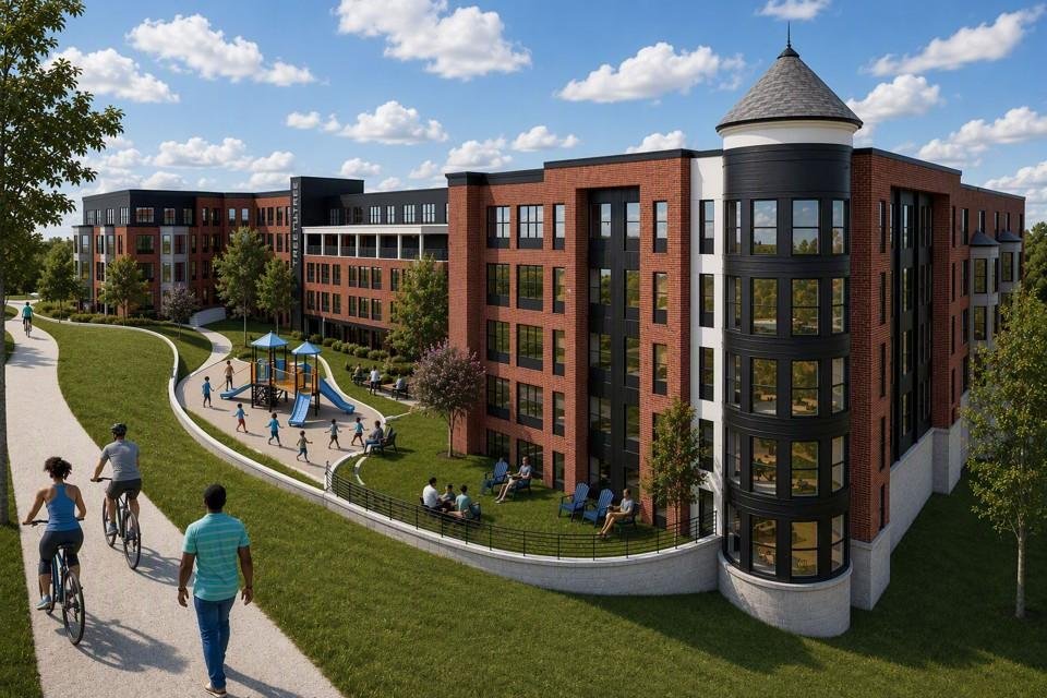 Rendering of Trestletree Village Redevelopment alongside the Beltline trail